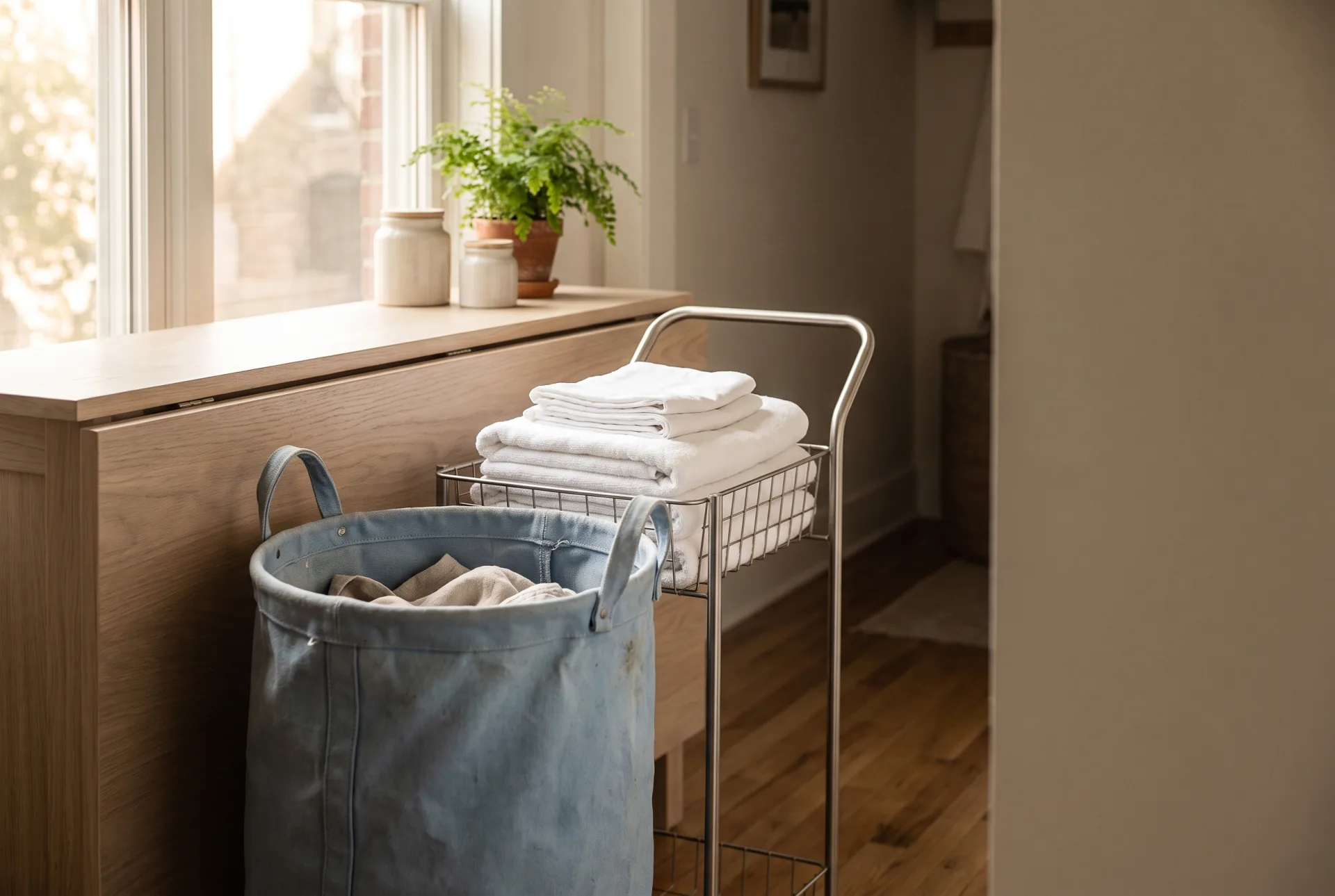 A powder-blue canvas laundry bag and a folded stack of white linens in a slim brushed-nickel laundry cart beside a white oak folding counter.