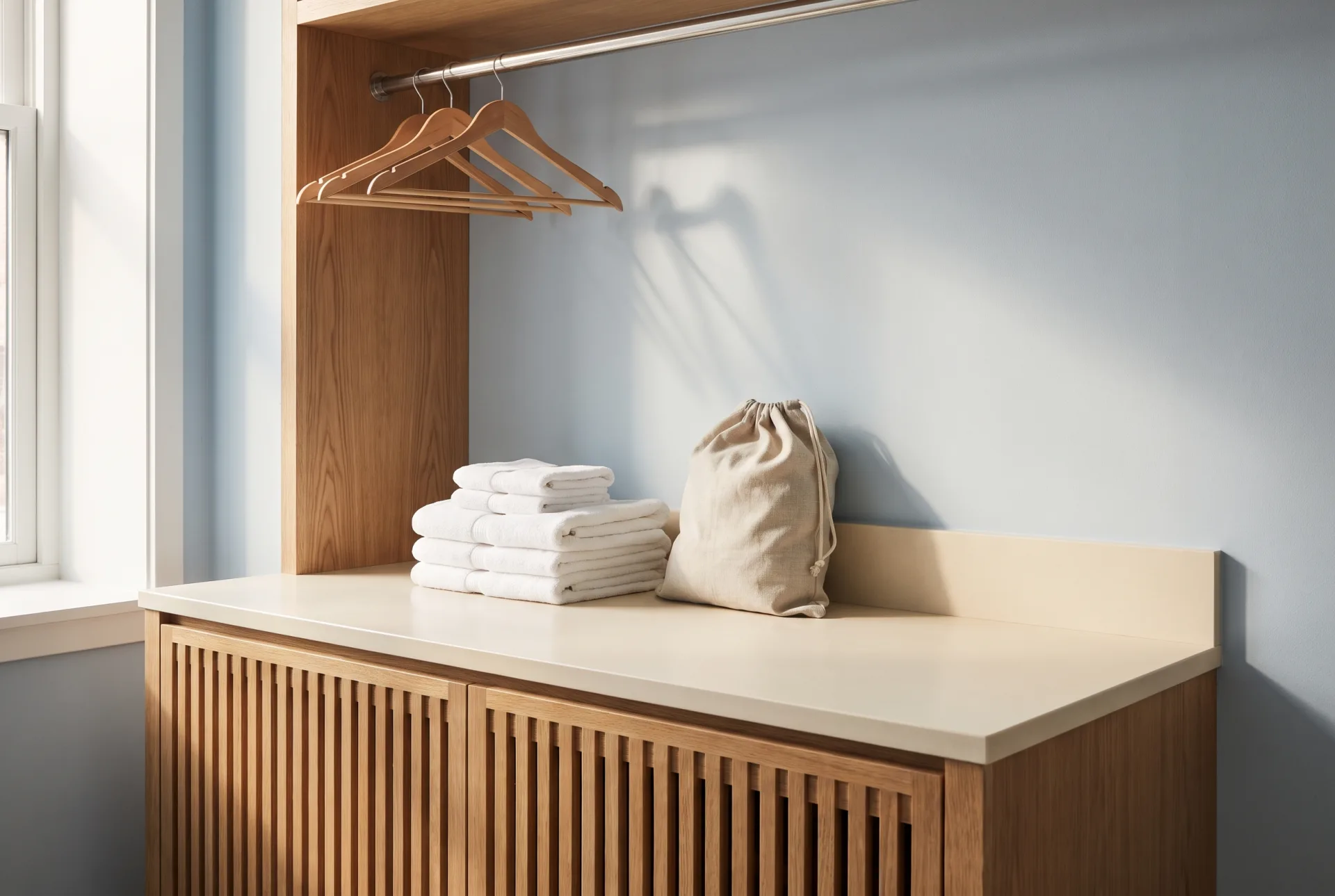 A custom white oak folding station with a warm ivory solid-surface counter, folded towels and a brushed-nickel hanging rail with wooden hangers.