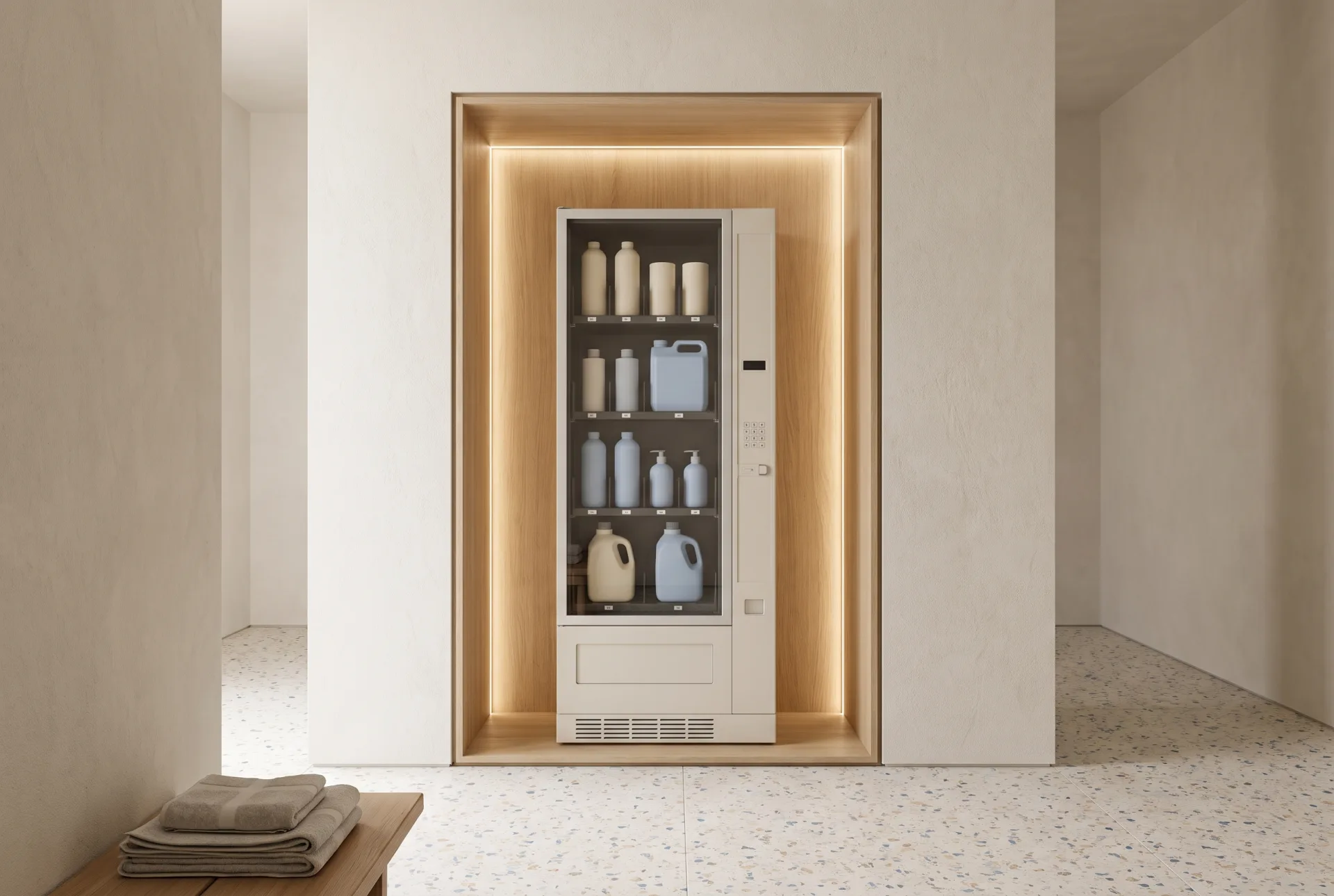 A recessed white oak niche holding a slim vending unit with plainly packaged laundry products behind glass, lit by concealed lighting.