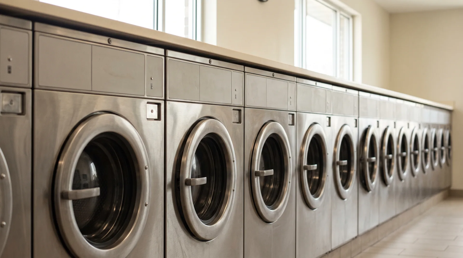 A long row of eighteen commercial front-load washers receding far into perspective beneath a continuous ivory counter.