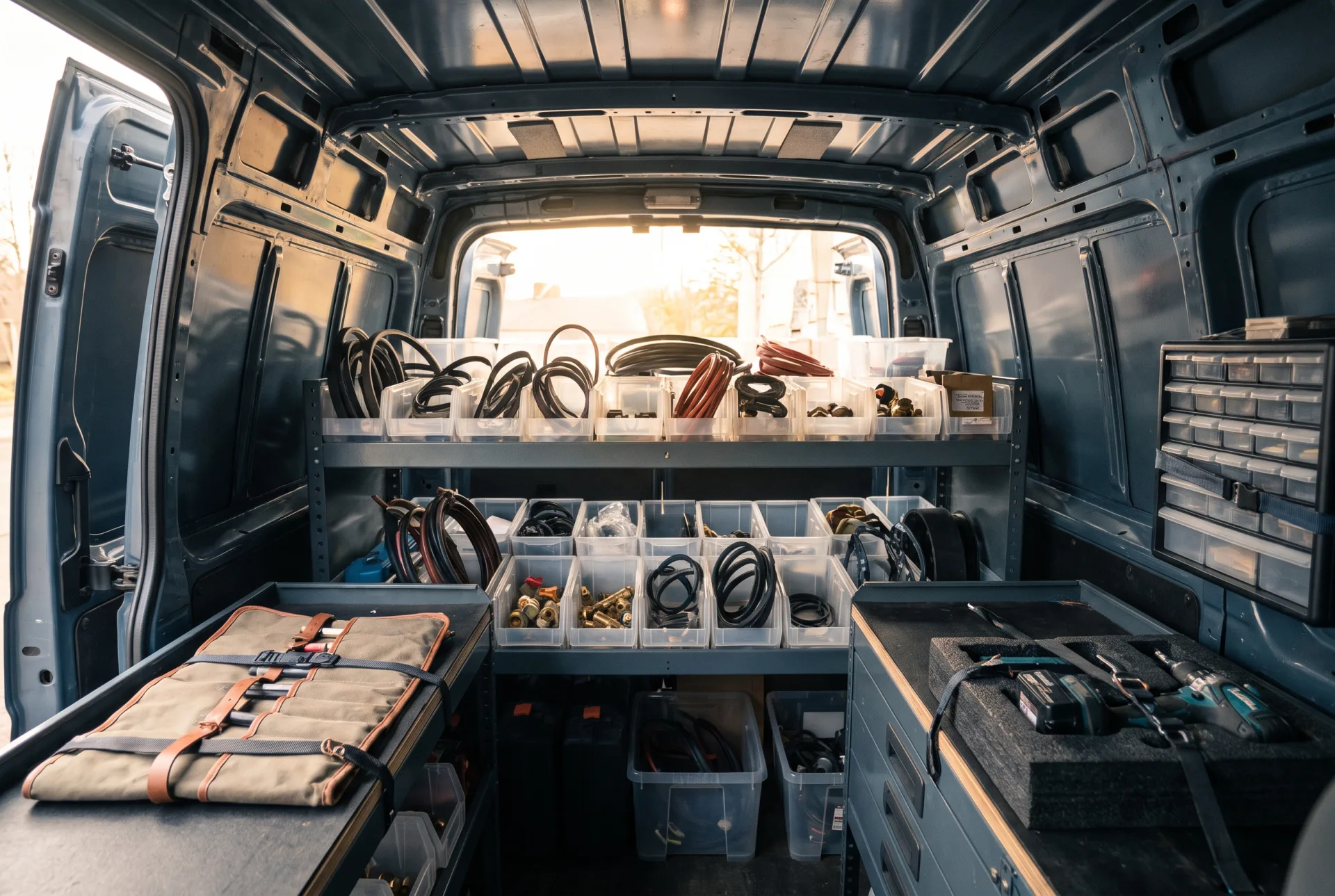 The organised interior of a service van: clear bins of belts, hoses, valves and door gaskets in slim shelving, a tool roll and a parts drawer unit.