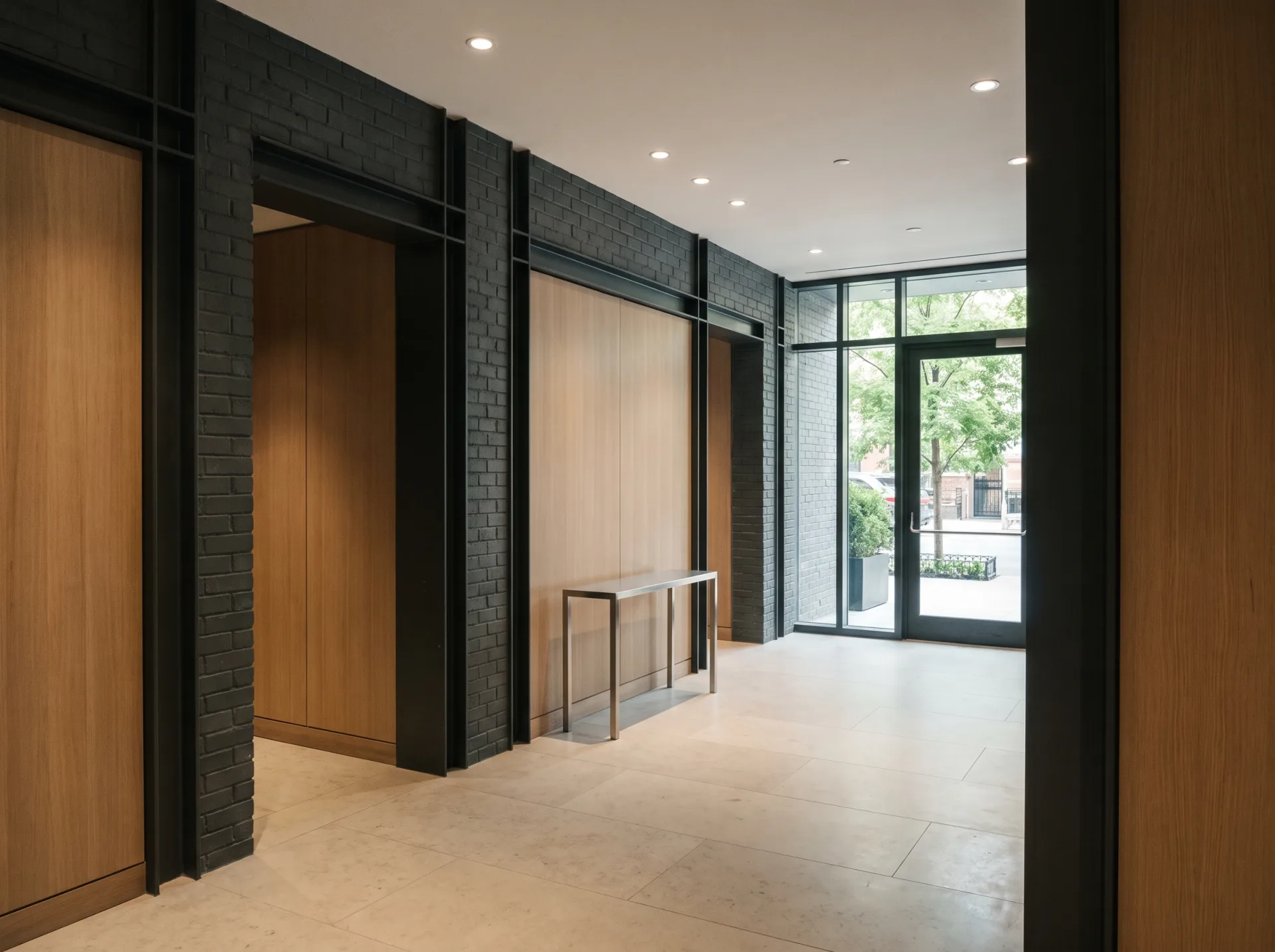 An apartment lobby with charcoal-painted masonry, white oak wall panelling, pale stone flooring and soft recessed downlights.