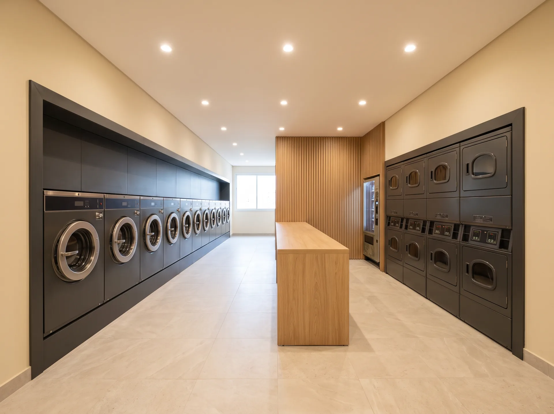 A large laundry facility in the same building using the same charcoal steel frames, white oak panelling and pale stone-look floor tile as the lobby, with eighteen washers set into the surround.