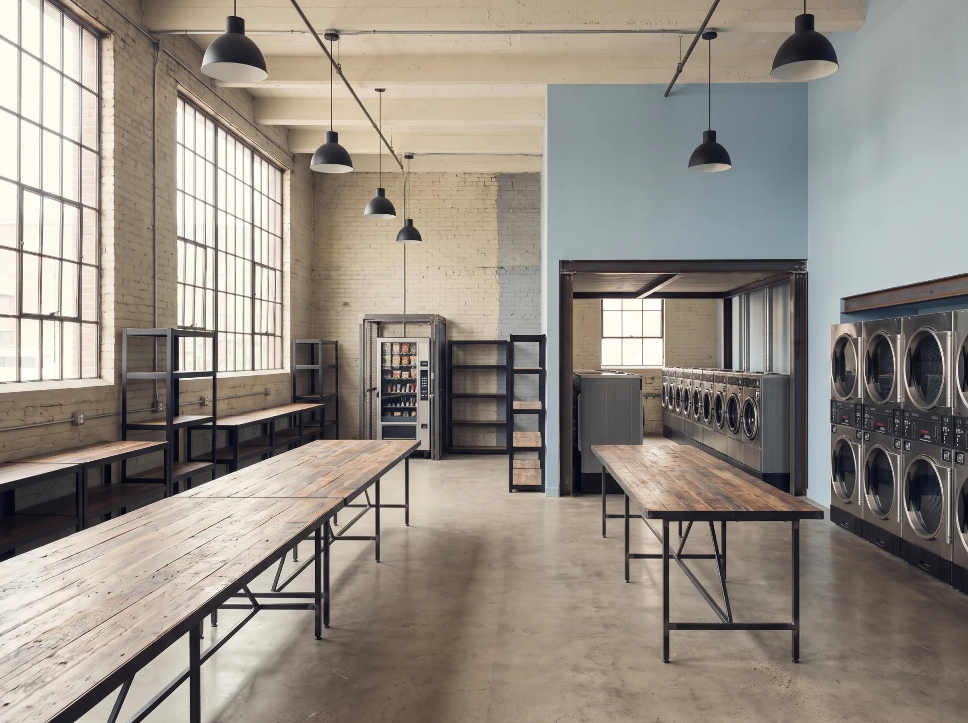 Large loft conversion laundry facility with twenty washers, twelve stacked dryers, exposed painted brick, polished concrete floor, blackened steel shelving and reclaimed timber folding tops.