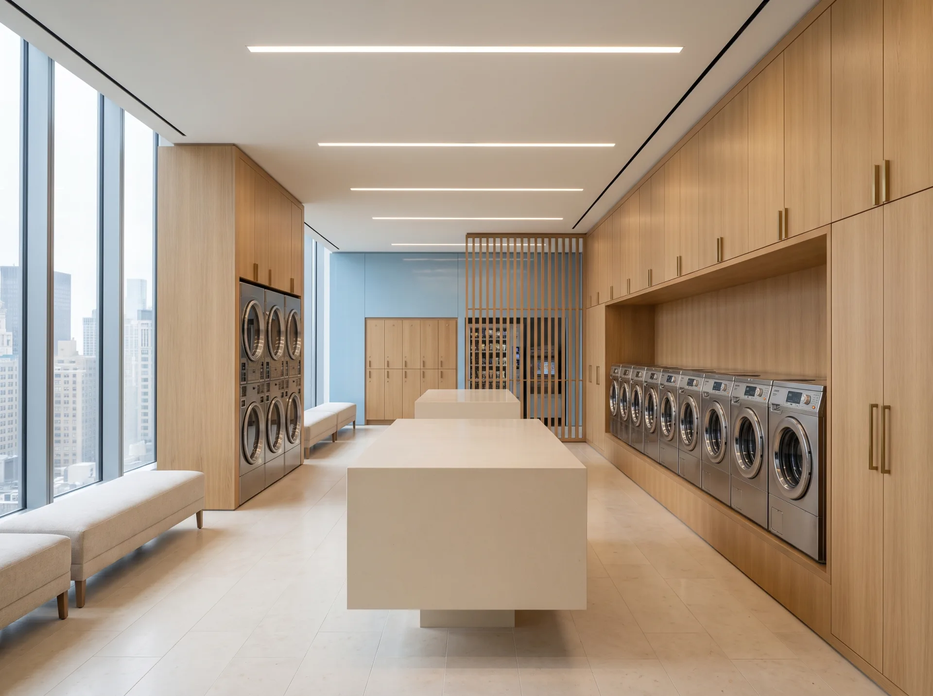 Large luxury high-rise laundry facility with twenty washers, twelve stacked dryers, honed pale stone floor, full-height white oak millwork, brass reveals and two floating folding islands.