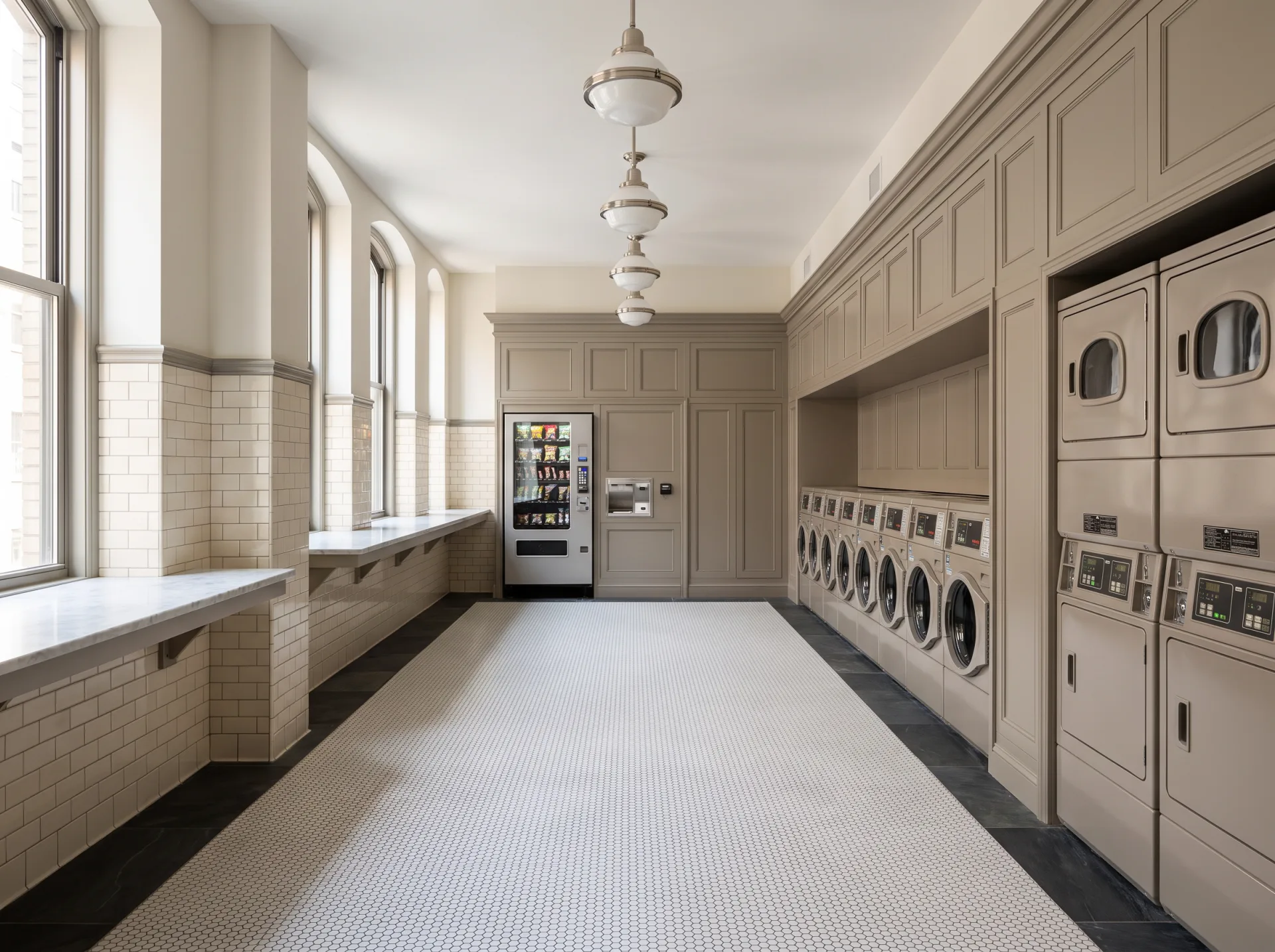 Large prewar building laundry facility with eighteen washers, ten stacked dryers, hexagonal mosaic floor, ivory subway wainscot, painted panelled millwork and schoolhouse pendants.