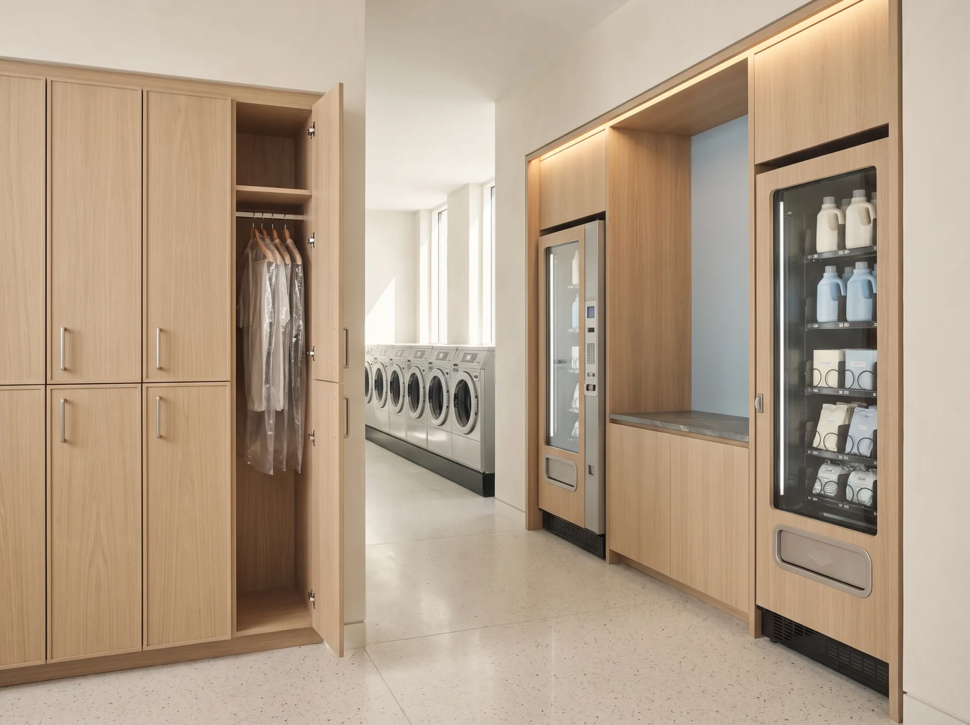 A combined garment-locker and vending zone at the end of a large laundry facility: white oak lockers on the left, recessed vending units on the right, with the row of washers receding behind.