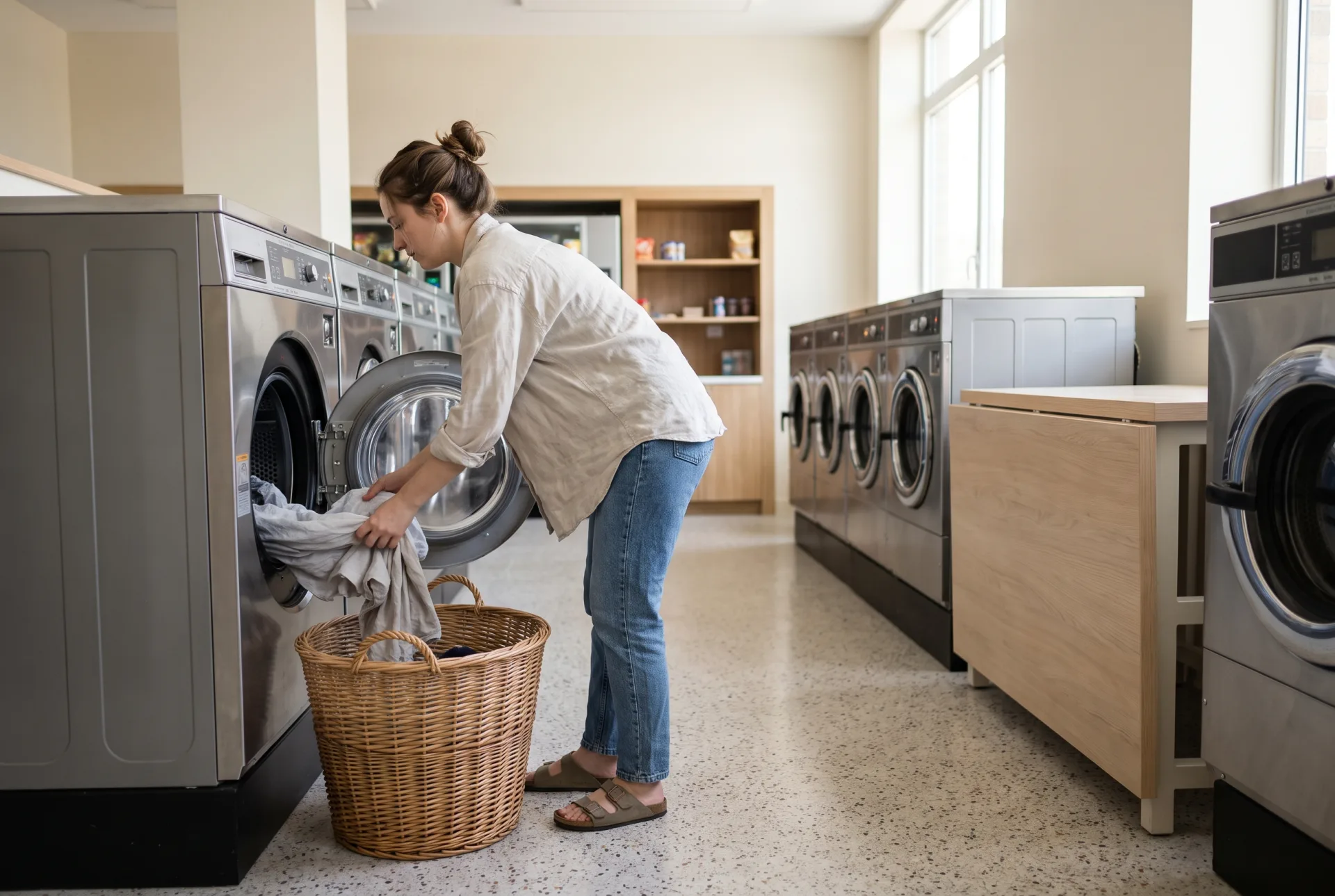 A resident unloading laundry into a woven basket in a large, bright, well-finished apartment laundry facility, with a long row of washers receding behind her.