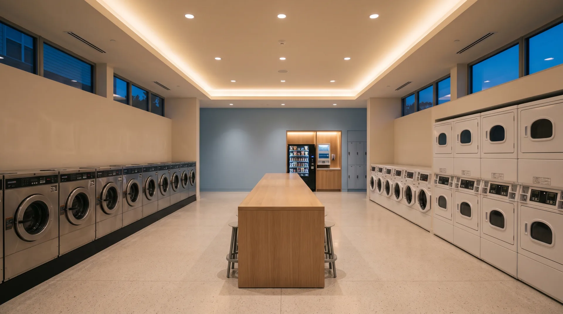 A large completed laundry amenity facility at dusk, lit by its own warm cove lighting, with runs of washers and dryers down both sides of the room.