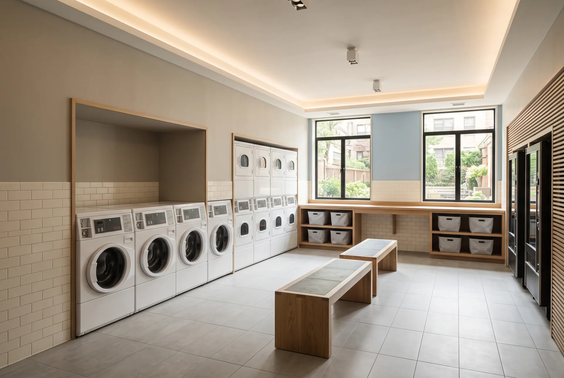 A large renovated co-op laundry facility with sixteen washers, ten stacked dryers, a long white oak folding counter and a powder-blue accent panel.