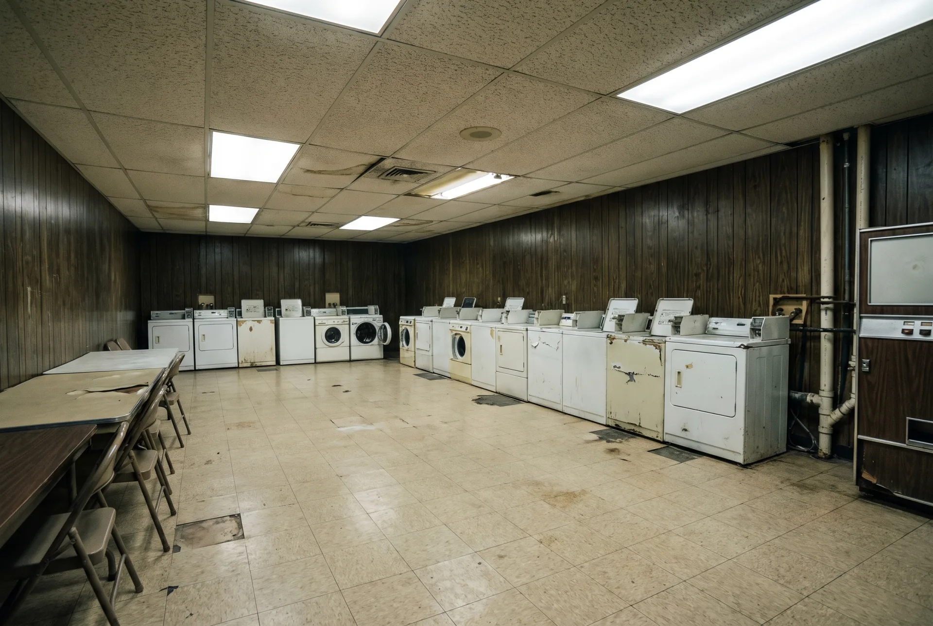 Before: a large dated co-op laundry facility with around eighteen mismatched ageing machines, dark faux wood panelling, a stained acoustic ceiling and warped folding tables.