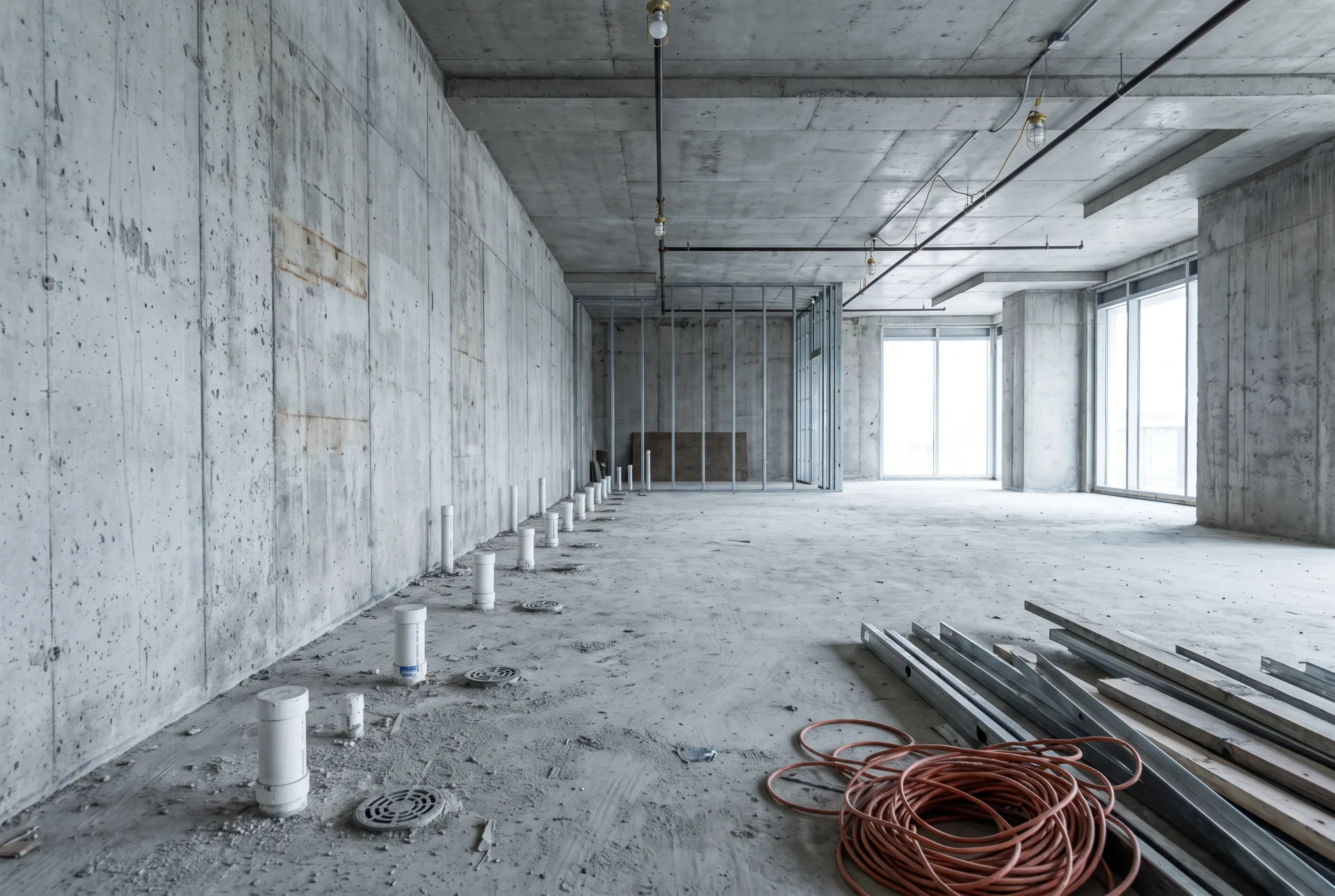 Before: a large raw unfinished concrete shell with form marks, a long run of capped plumbing stubs marking future machine positions, exposed structure and temporary work lights.