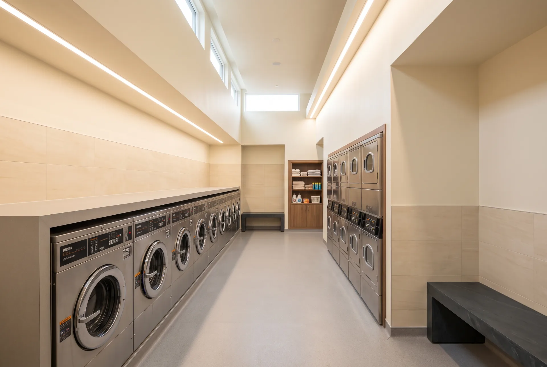 A large renovated laundry facility in a walk-up building with fourteen washers, ten stacked dryers, ivory porcelain tile and continuous recessed lighting.