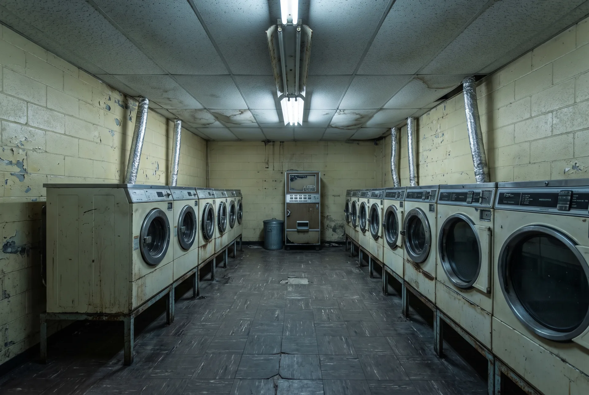 Before: a large tired walk-up laundry facility with around sixteen ageing machines in two rows, yellowed block walls, a stained drop ceiling and cracked floor tile.
