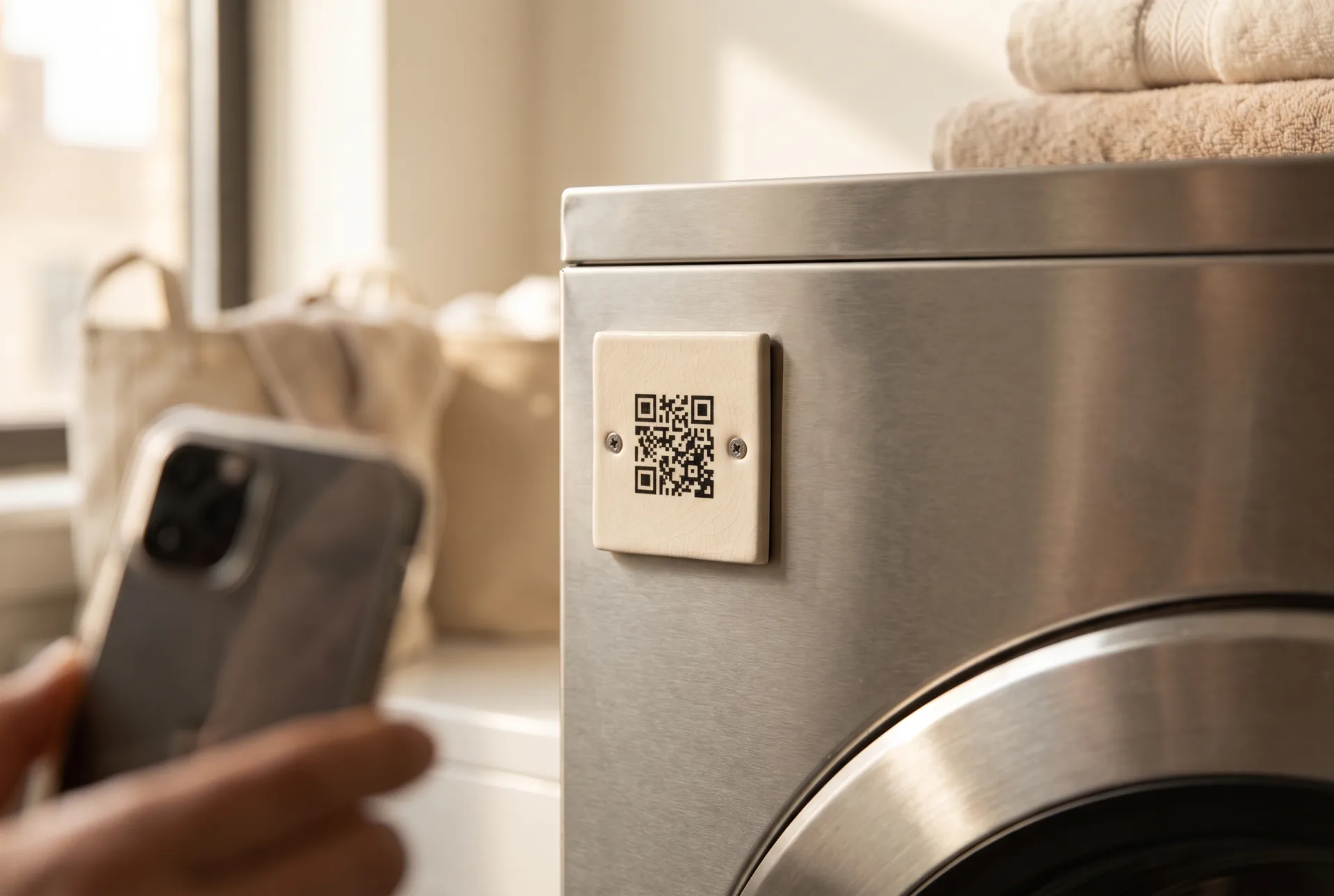A small square placard with a QR code mounted on the brushed metal front panel of a commercial washer, with a phone being lifted toward it.
