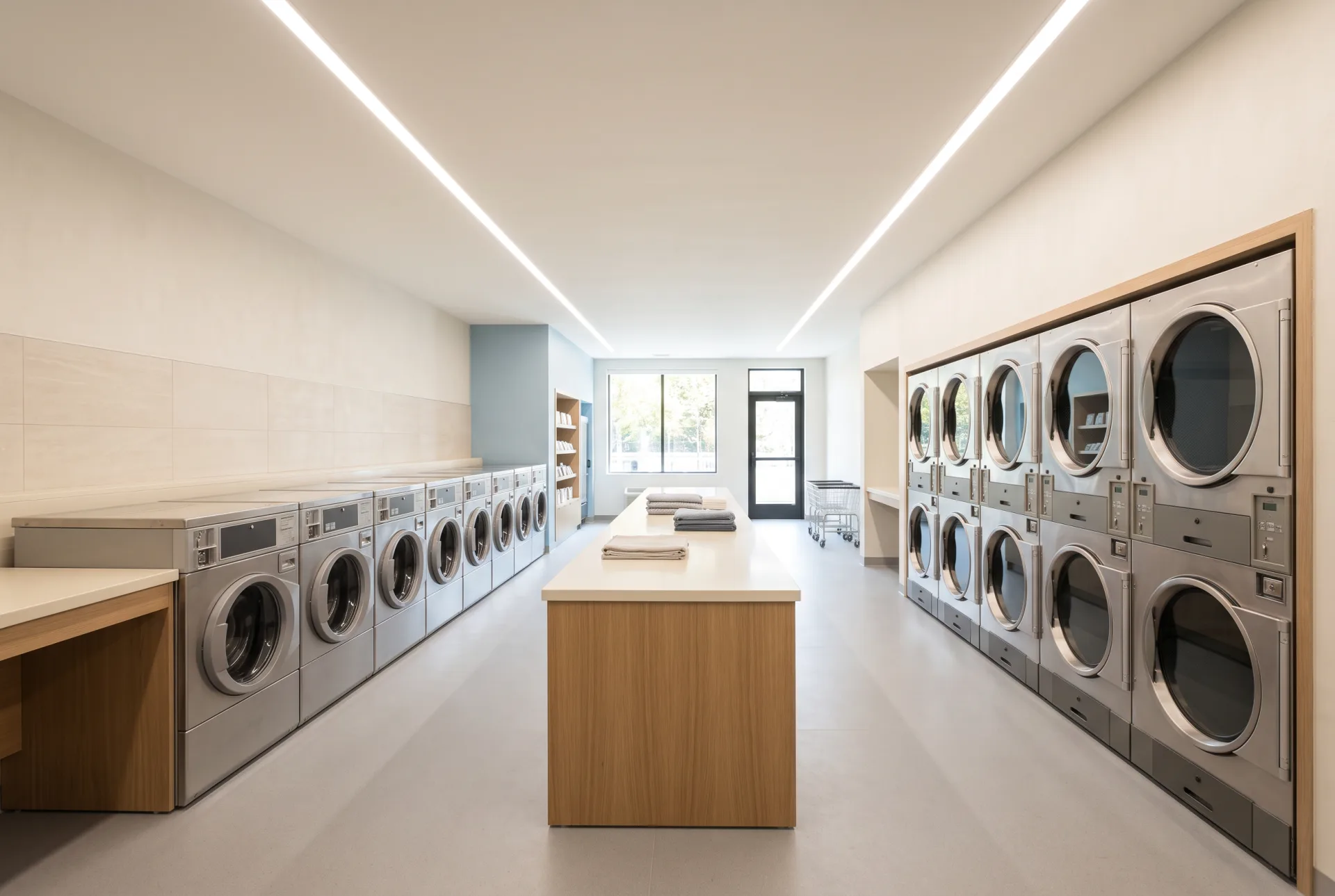 After: the same facility with ivory porcelain tile, a flat ceiling with continuous recessed lighting, sixteen new commercial washers, twelve stacked dryers and a central folding island.
