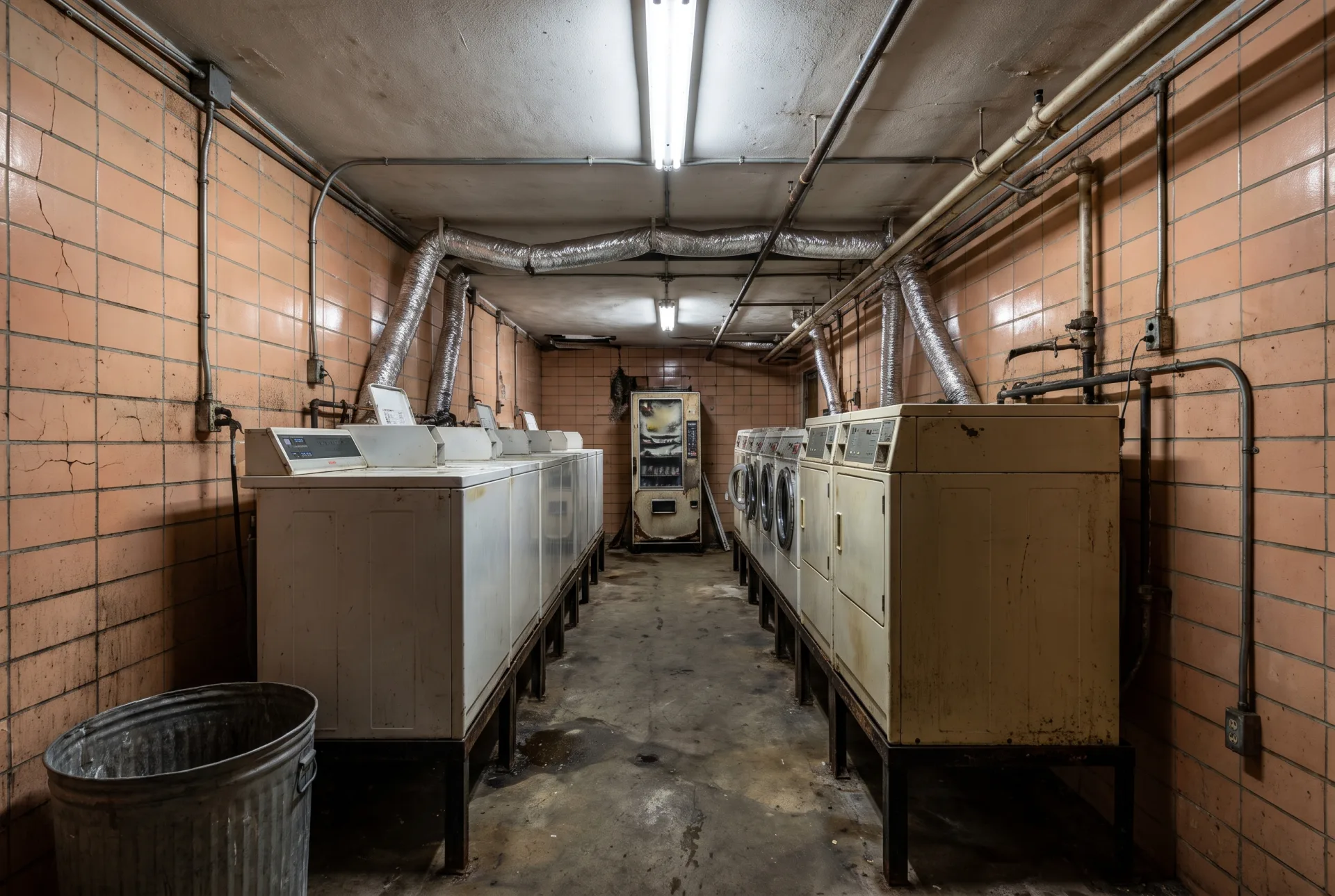 Before: a large dated basement laundry facility with two rows of around twenty worn machines, peach ceramic tile, exposed conduit and sagging dryer ducts.